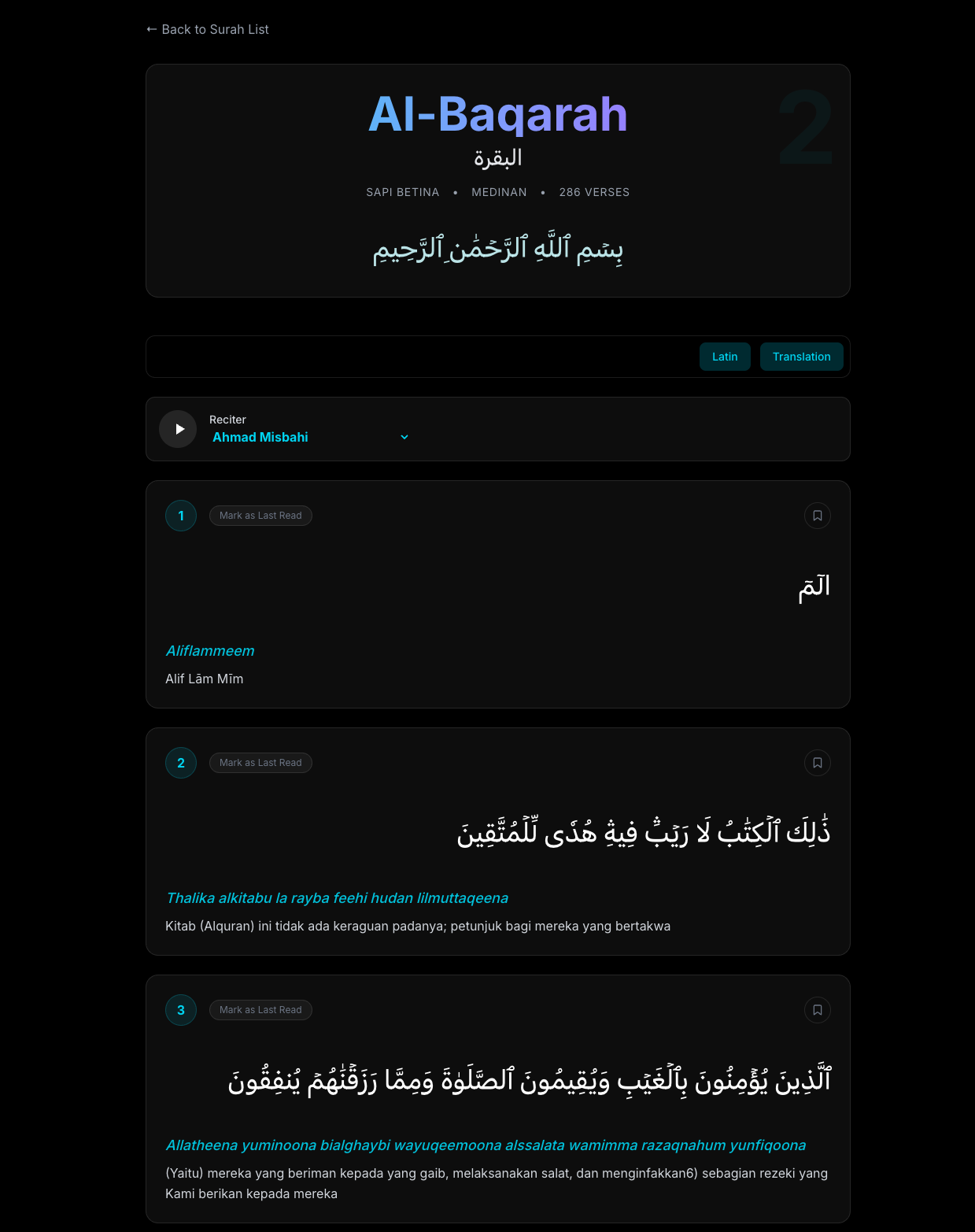 Tampilan mode baca Al-Qur'an yang bersih
