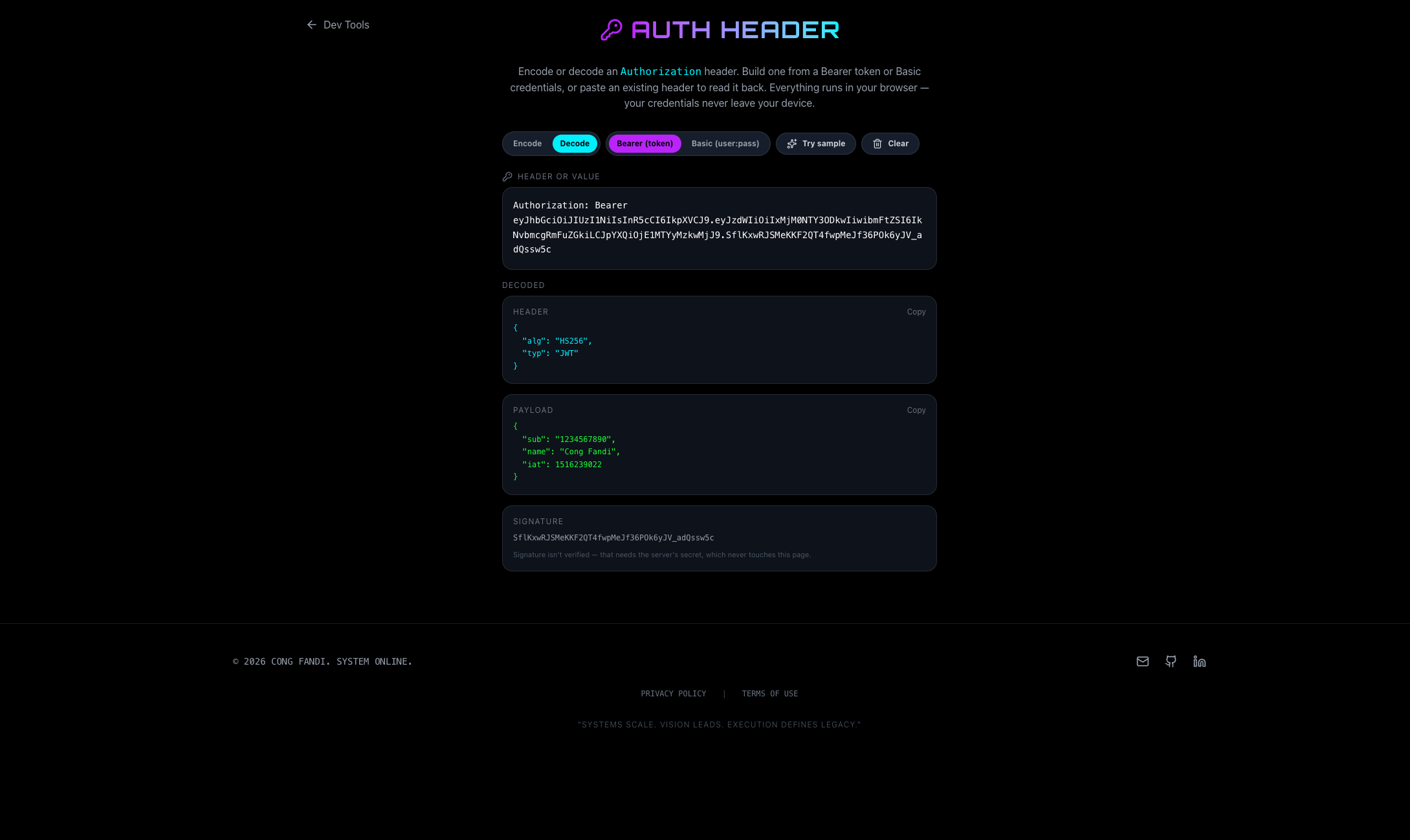 Auth Header decoding a JWT into readable header and payload JSON