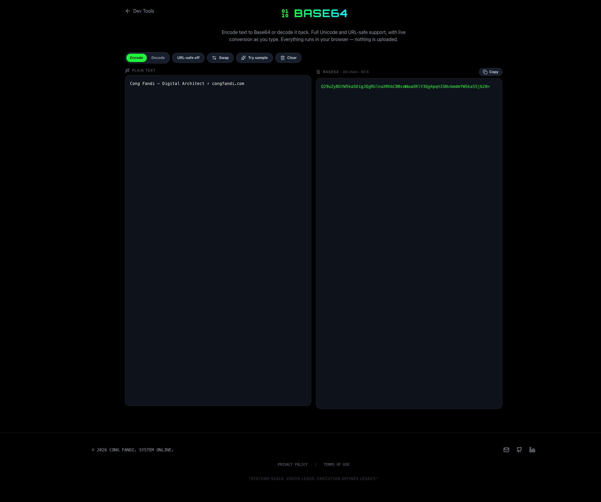 The Base64 tool encoding text with Unicode and URL-safe support
