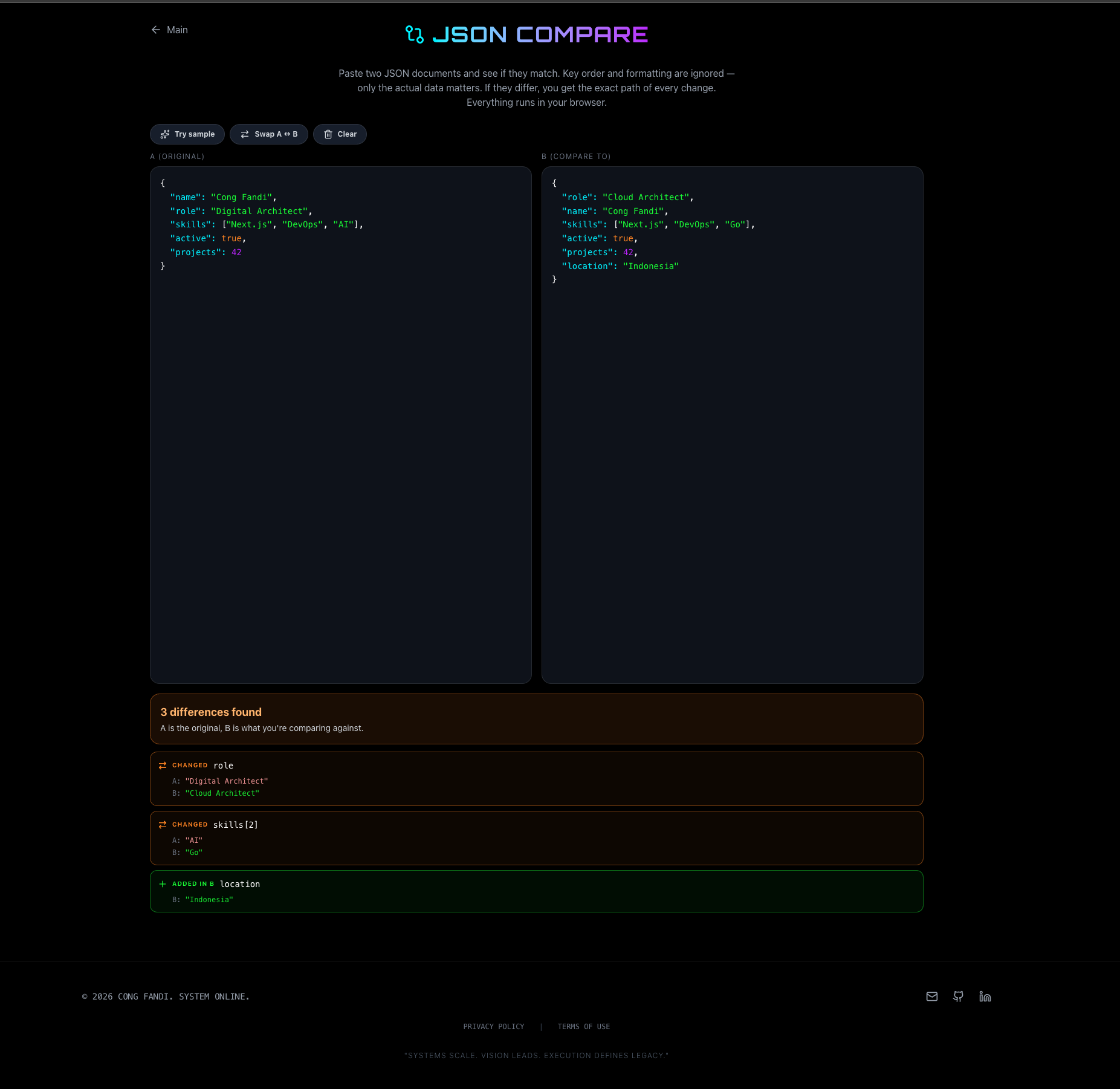 JSON Compare showing the differences between two JSON documents by path