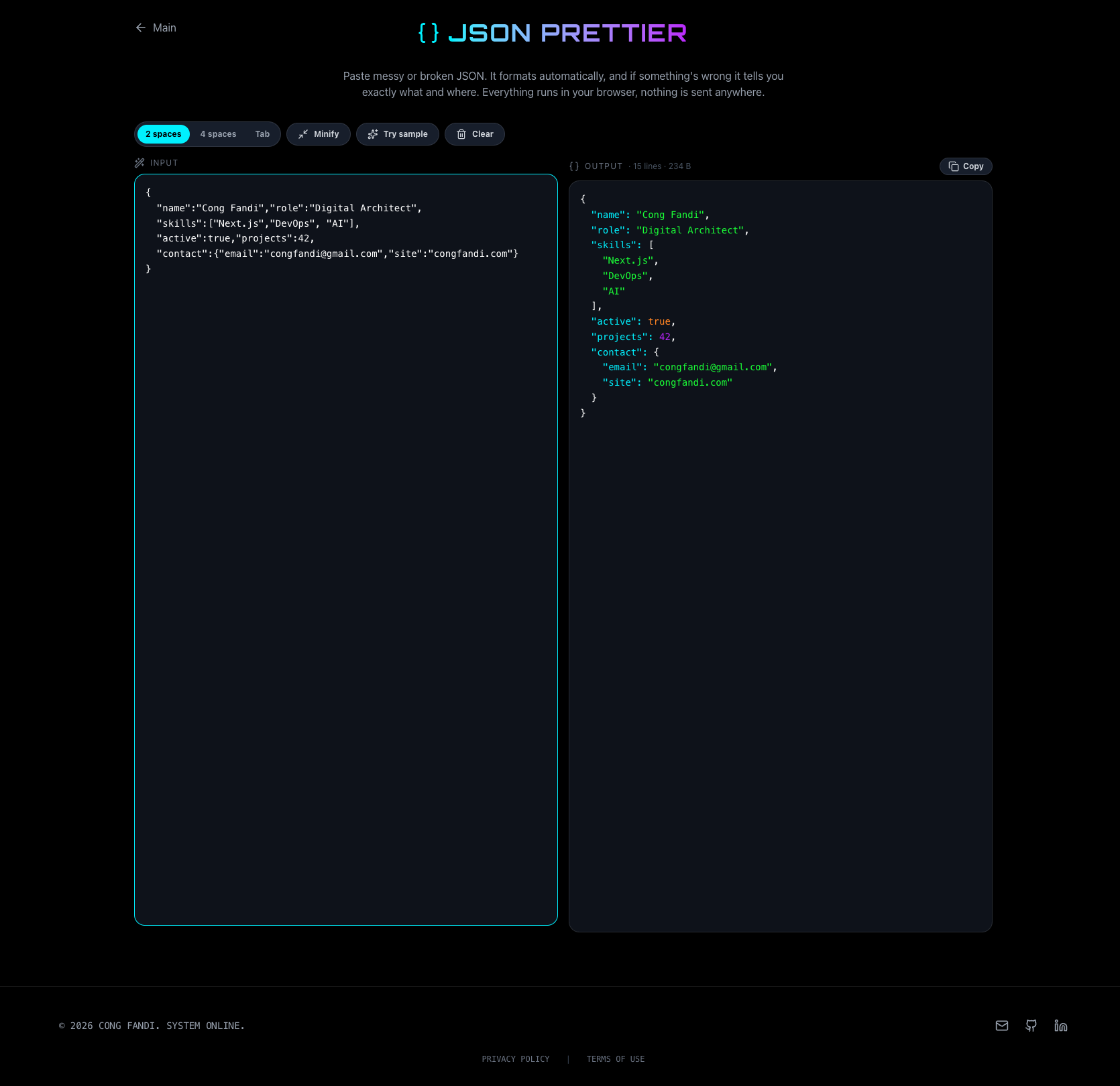 JSON Prettier formatting messy JSON into indented, syntax-highlighted output