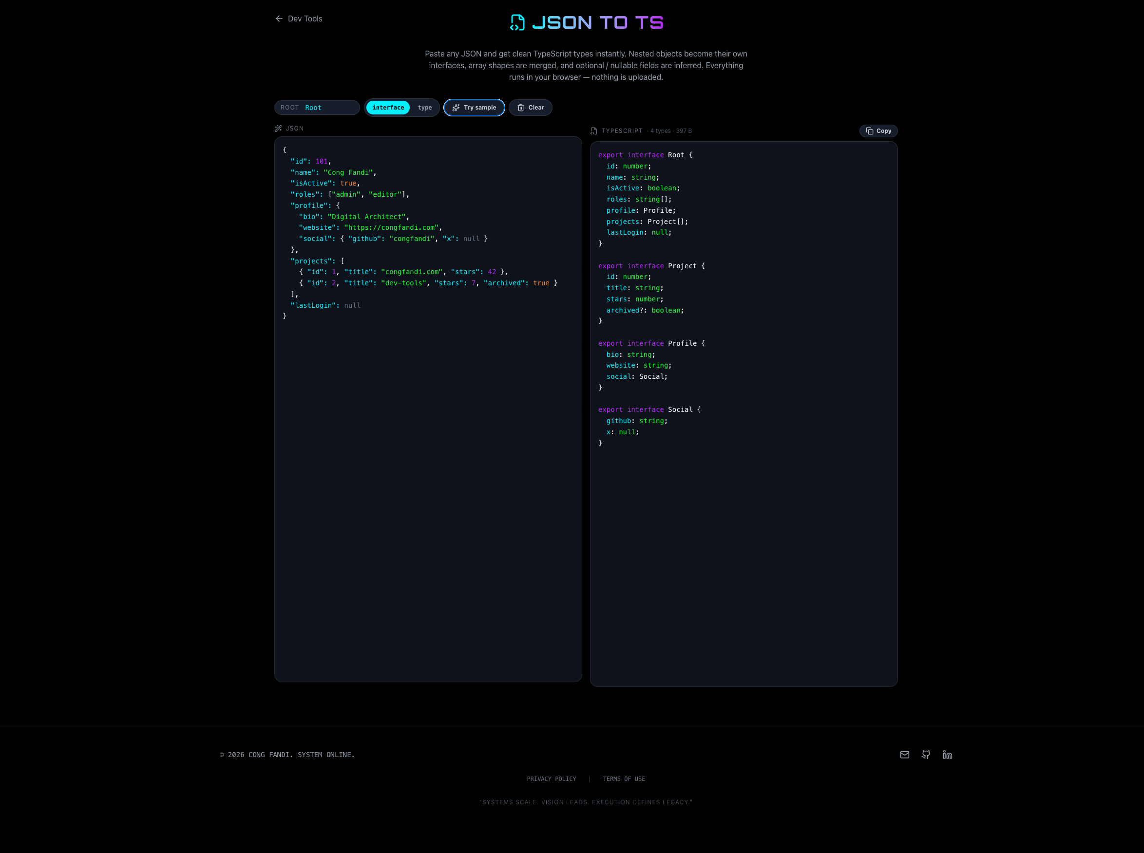 JSON to TS turning JSON into TypeScript interfaces with nested and optional types
