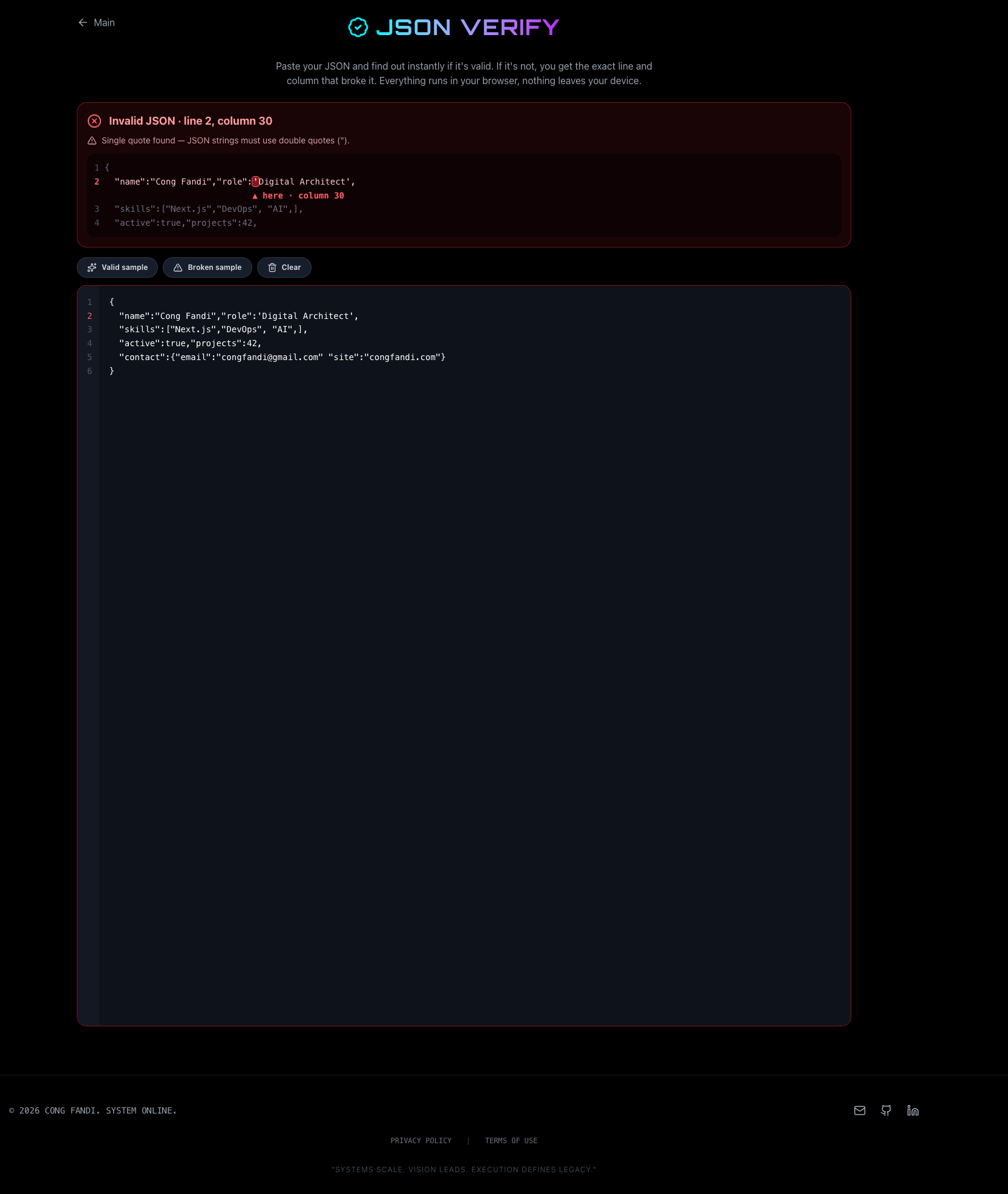 JSON Verify pointing at the exact character where the JSON breaks with a labelled caret